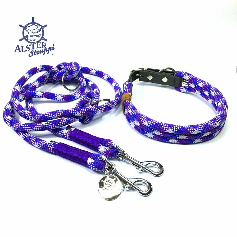 Leine Halsband Set verstellbar, lila, hellgrau, lilablau, Wunschlänge, mit Leder und Schnalle  ab 108,00 €