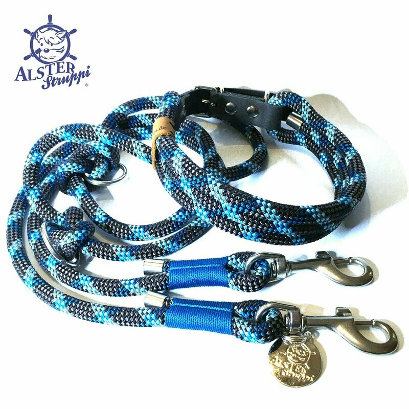 Leine Halsband Set verstellbar, dunkelgrau, petrol, hellblau, Wunschlänge, mit Leder und Schnalle  ab 108,00 €