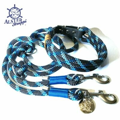 Leine Halsband Set verstellbar, dunkelgrau, petrol, hellblau, Wunschlänge, mit Leder und Schnalle ab 108,00 €
