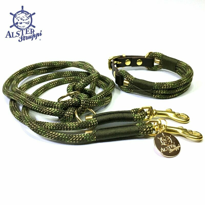 Leine Halsband Set verstellbar, oliv, grün, beige, Wunschlänge, mit Leder und Schnalle  ab 108,00 €