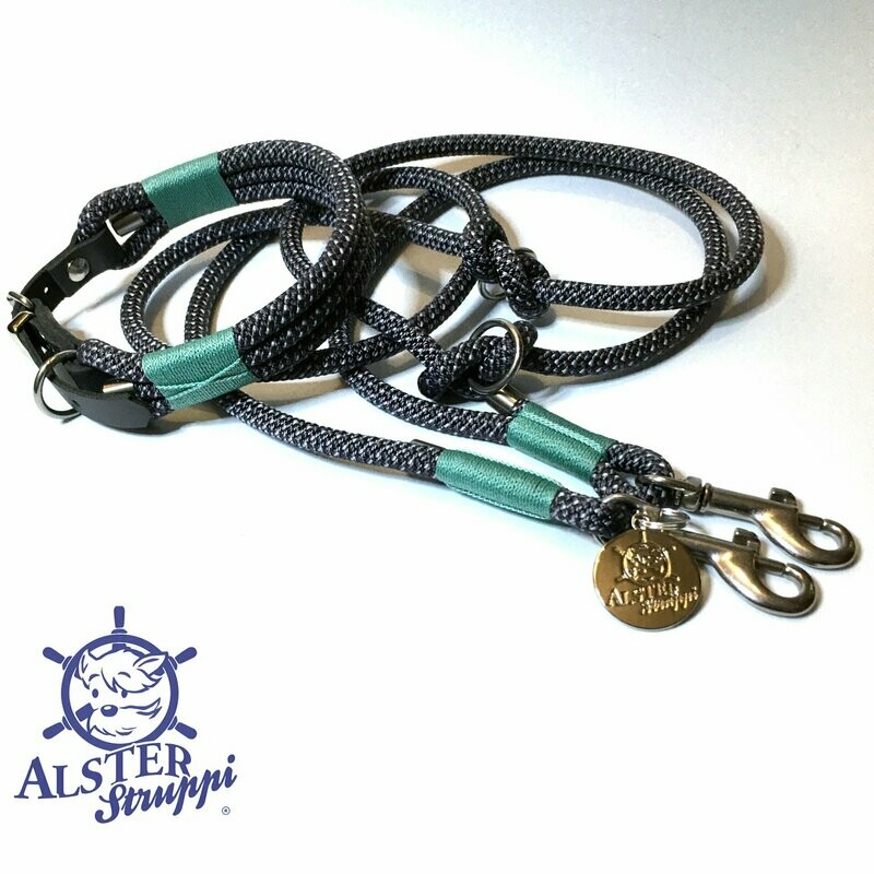 Leine Halsband Set verstellbar, grau, weiß, mint Wunschlänge, mit Leder und Schnalle  ab 108,00 €