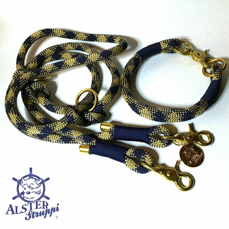 Leine Halsband Set verstellbar, blau, gold, Wunschlänge, mit Leder und Schnalle  ab 98,00 €