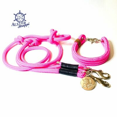 Leine Halsband Set pink, blaues Leder, für kleine Hunde mit 6 mm Tau