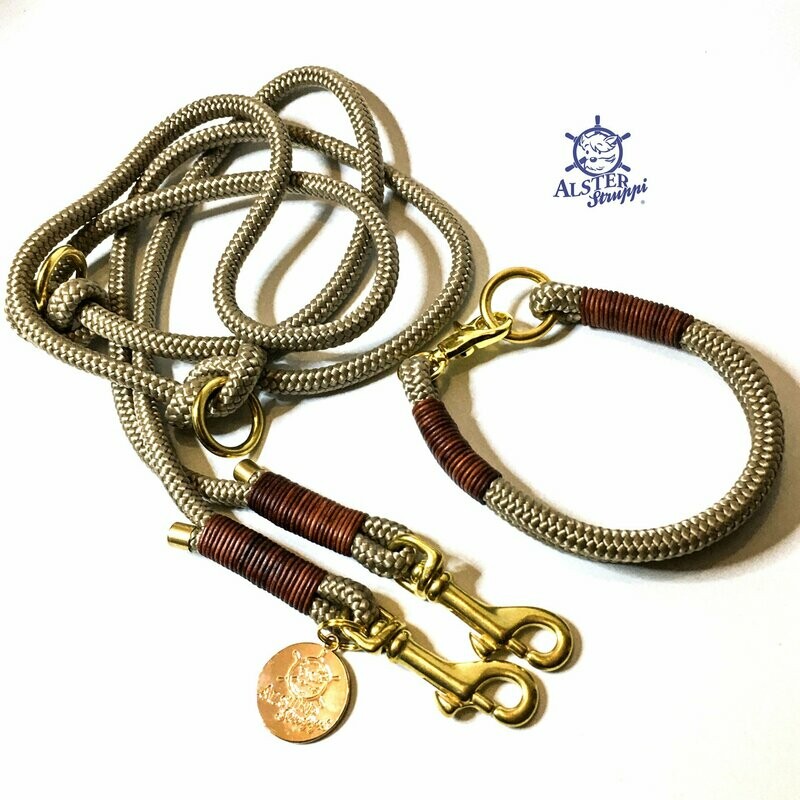 Leine Halsband Set beige, braunes Leder, Taustärke nach Wahl