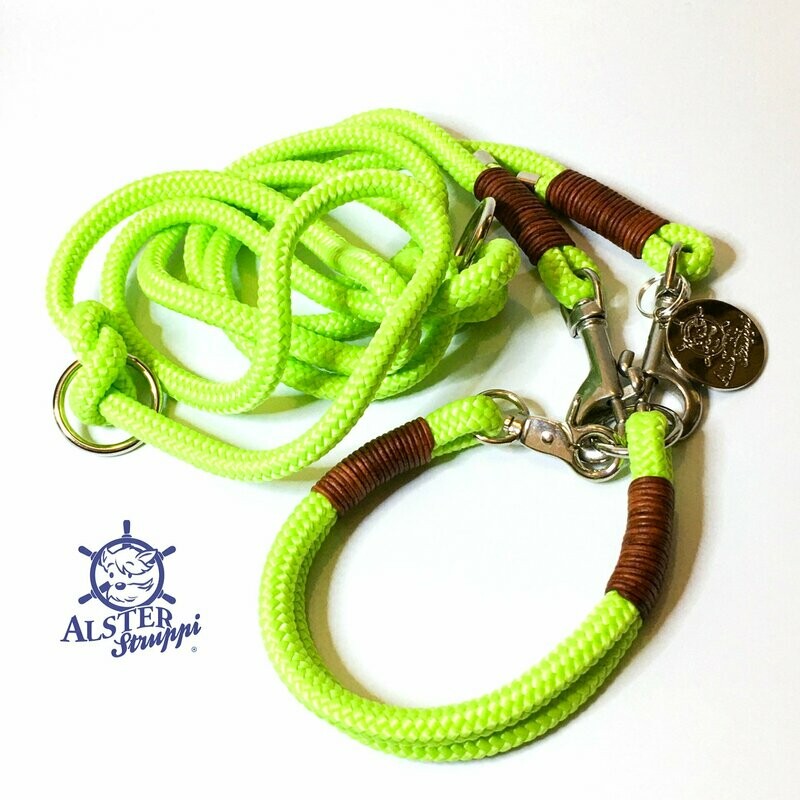 Leine Halsband Set pistaziengrün, braunes Leder, Taustärke nach Wahl