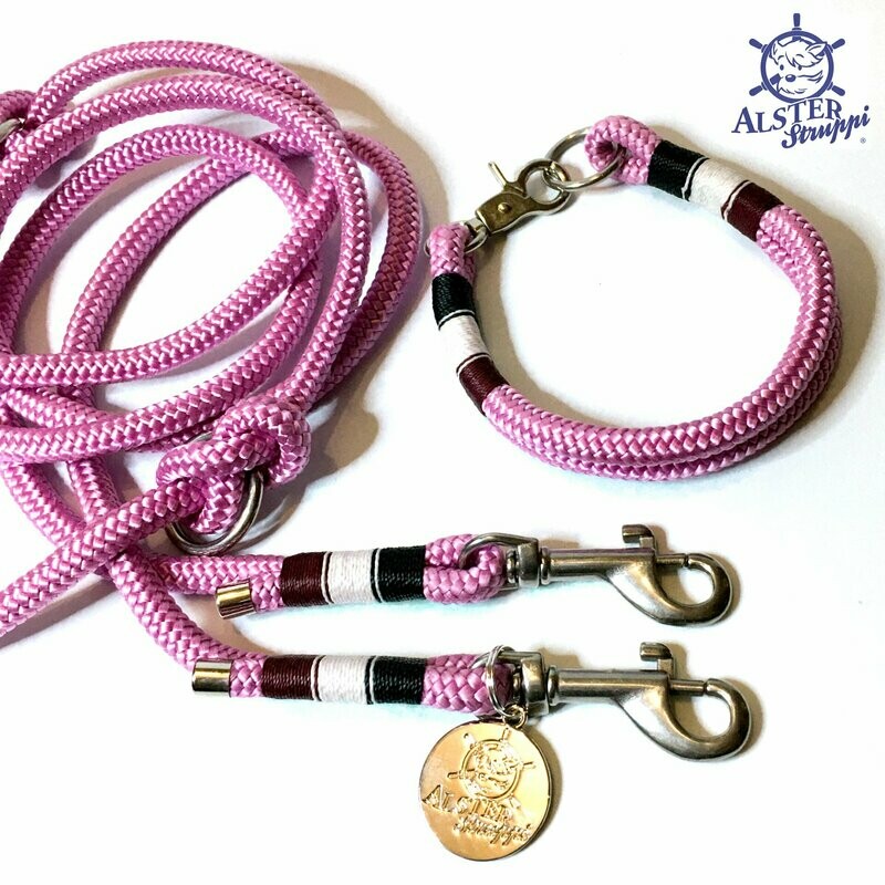 Leine Halsband Set altrosa, blau, weinrot, weiß, Taustärke nach Wahl