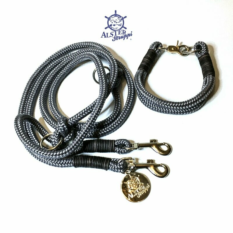 Leine Halsband Set grau, graues Leder, Taustärke nach Wahl