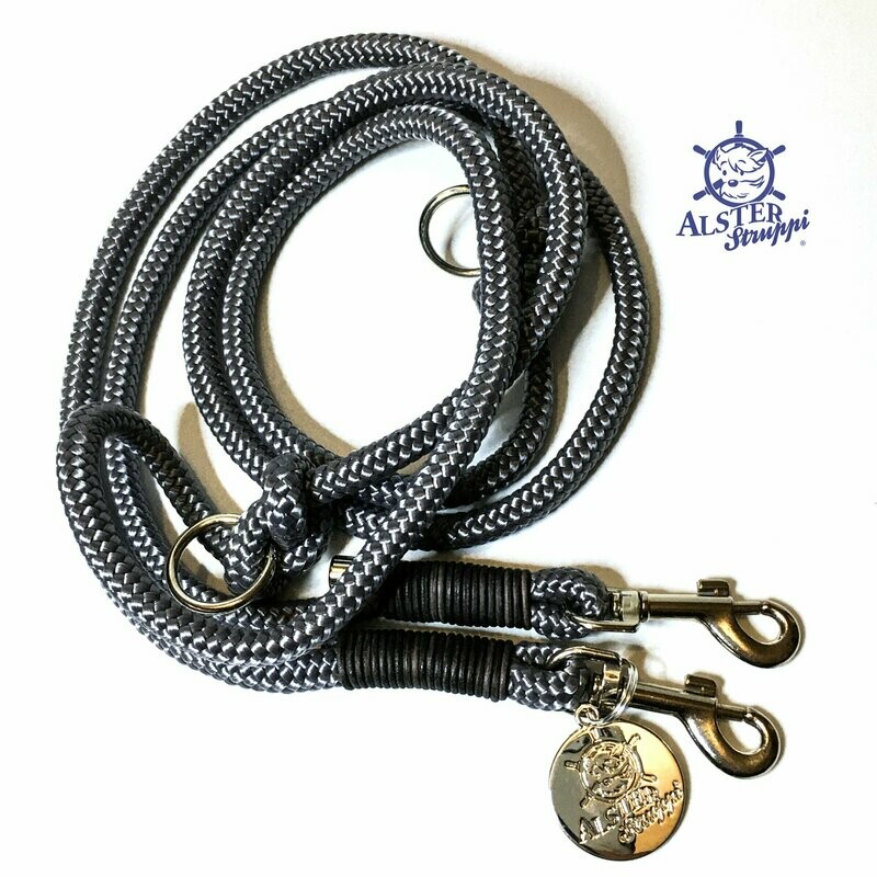 Hundeleine verstellbar, grau, graues Leder, Taustärke 6, 8 oder 10 mm, Wunschlänge