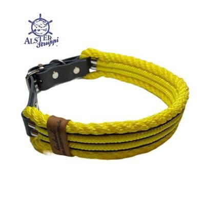 Hundehalsband, Tauhalsband, gedrehtes Tau, gelb, schwarz, 4 fach, breit, verstellbar mit Schnalle und Leder