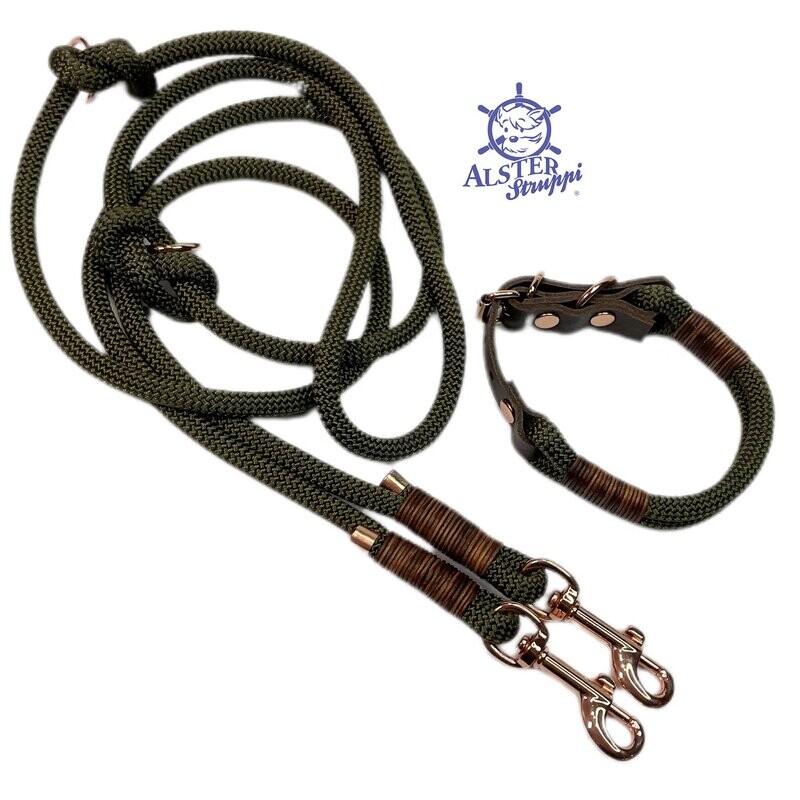Leine Halsband Set oliv, rosegold, verstellbar, Wunschlänge