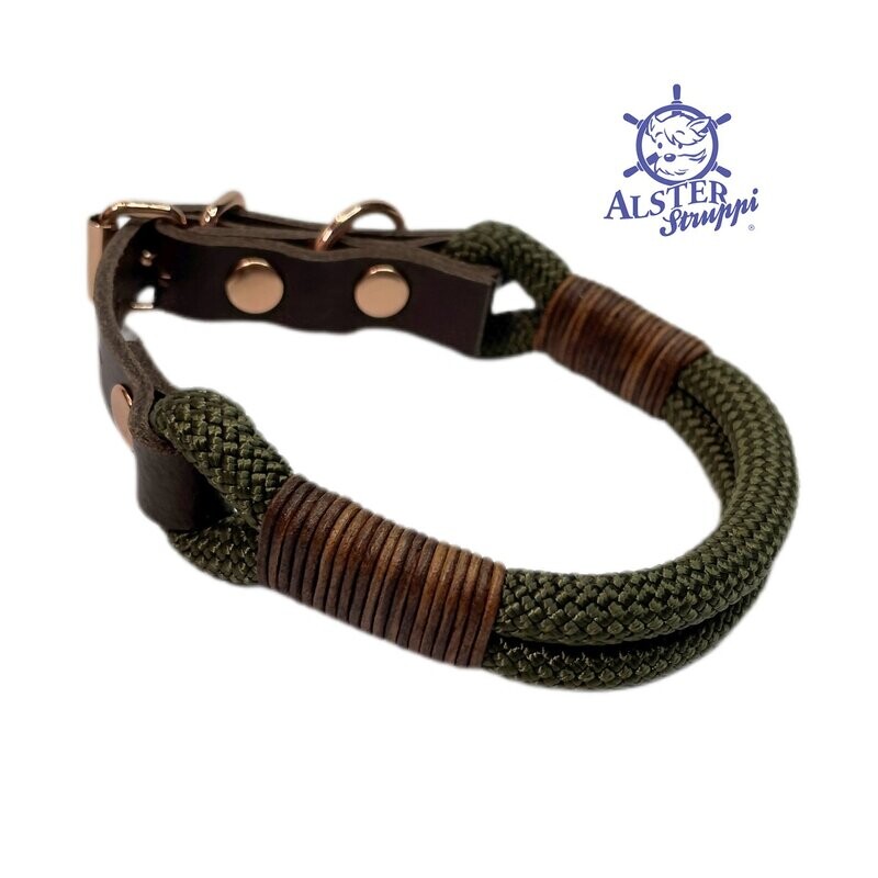 Hundehalsband, verstellbar, oliv, braun, Leder und Schnalle