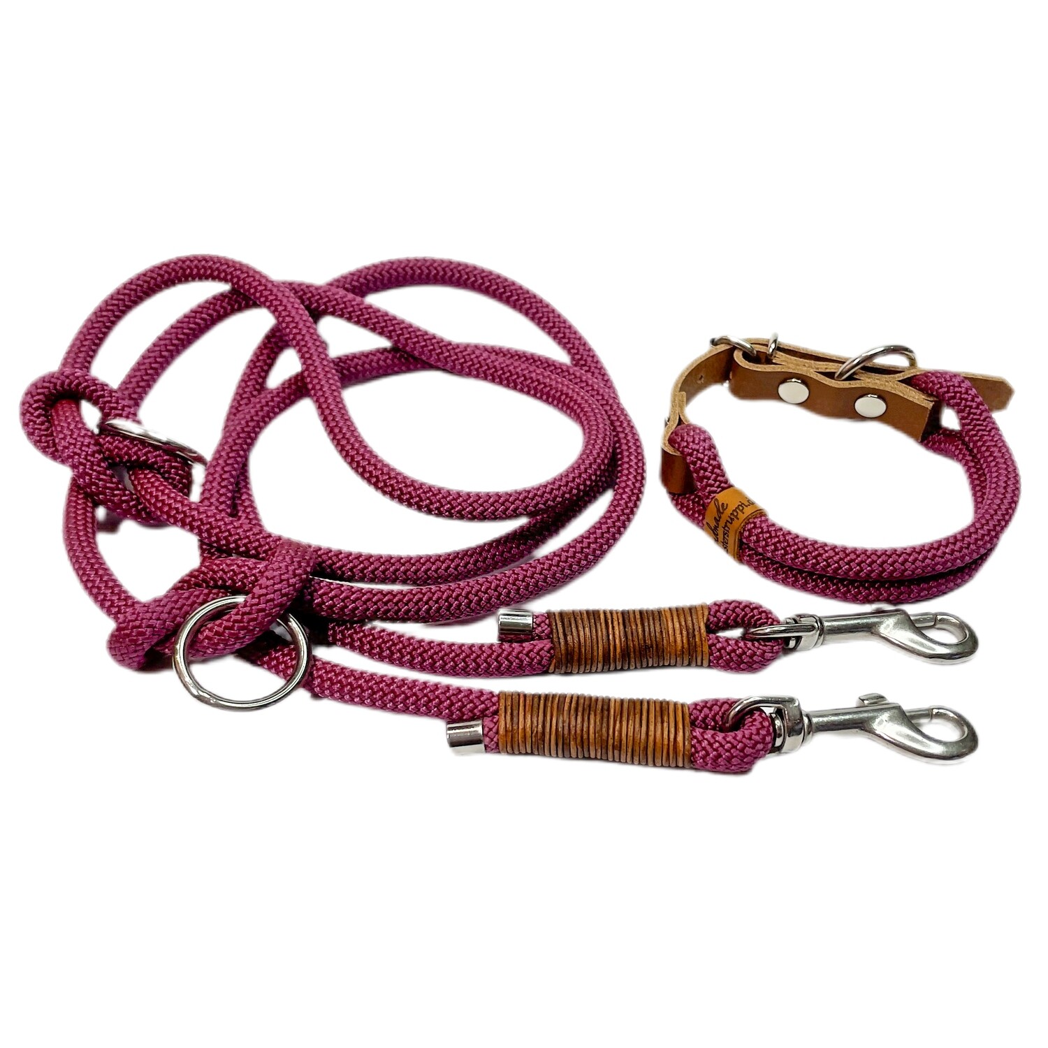 Hundeleine Halsband Set verstellbar, aubergine mit Leder, ab 20 cm Halsumfang