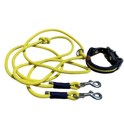 Leine Halsband Set verstellbar, gelb, dunkelblau, ab 17 cm Halsumfang für kleine Hunde