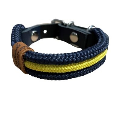 Hundehalsband, Tauhalsband, verstellbar, dunkelblau, gelb, Verschluss mit Leder und Schnalle, für kleine Hunde ab 17 cm Halsumfang