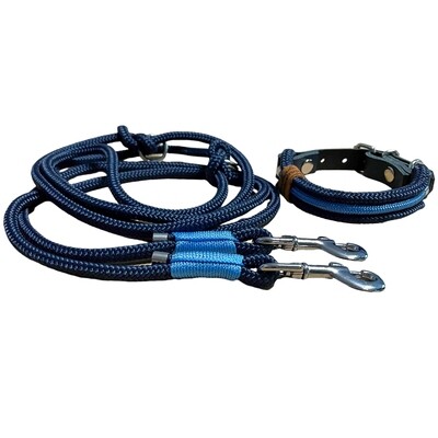 Leine Halsband Set verstellbar, dunkelblau, mittelblau, ab 17 cm Halsumfang für kleine Hunde