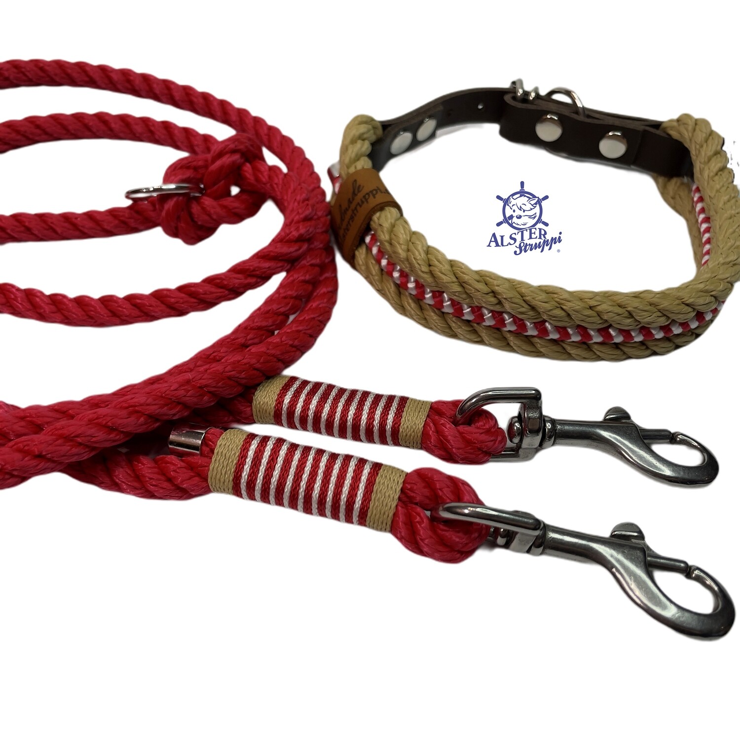 Leine Halsband Set verstellbar, rot, beige, weiß, ab 17 cm Halsumfang