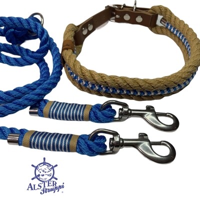 Leine Halsband Set verstellbar, blau, beige, weiß, ab 17 cm Halsumfang