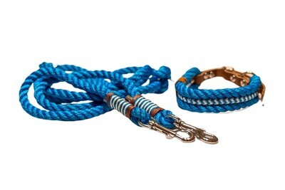 Leine Halsband Set verstellbar, blau, weiß, ab 17 cm Halsumfang