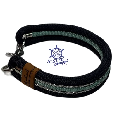Hundehalsband Tauhalsband dreifach, dunkelblau, seegrün, silber, Karabiner und Ring
