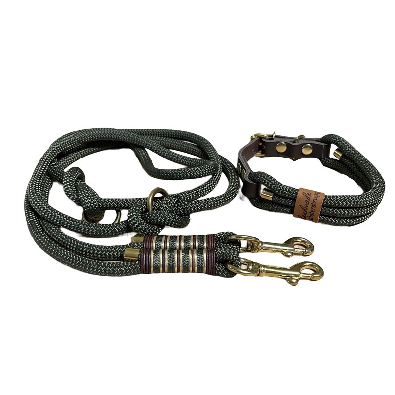 Leine Halsband Set verstellbar, oliv, braun, gold, ab 25 cm Halsumfang