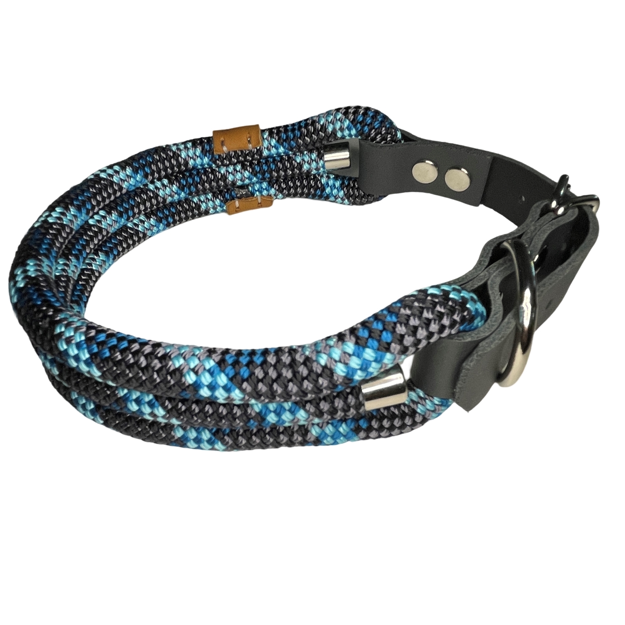 Halsband, dreifach, Farbe schwarz, grau, petrol, türkis, mit Leder und Schnalle ab 23 cm Halsumfang