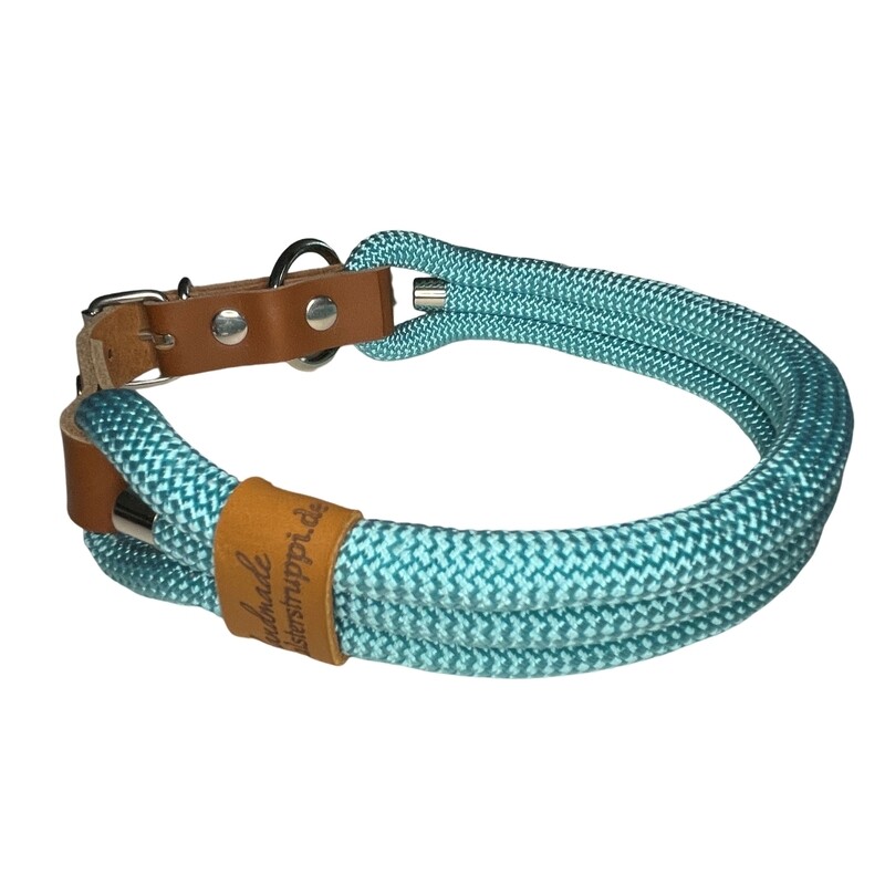Halsband, dreifach, Farbe türkis, mit Leder und Schnalle ab 23 cm Halsumfang
