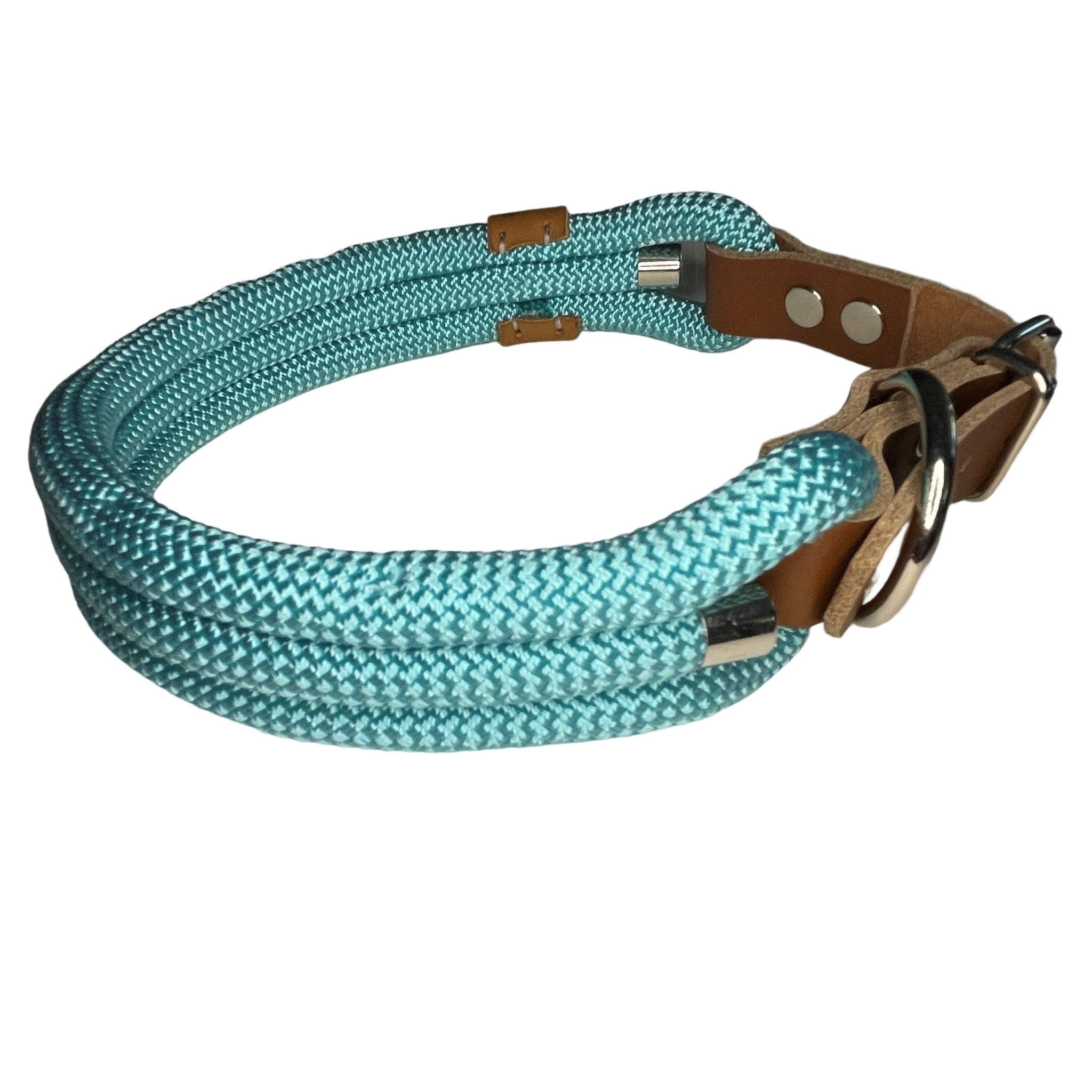 Halsband, dreifach, Farbe türkis, mit Leder und Schnalle ab 23 cm Halsumfang