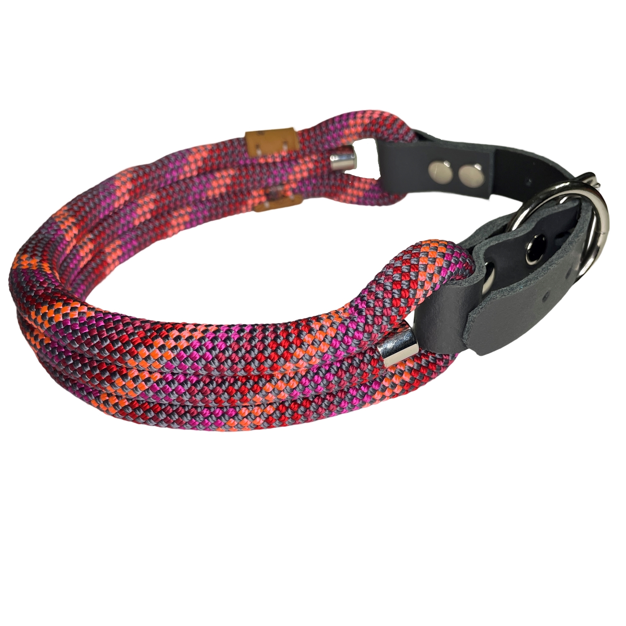 Halsband, dreifach, Farbe dunkelgrau, koralle, rot, bordeaux, dunkelpink, mit Leder und Schnalle ab 23 cm Halsumfang