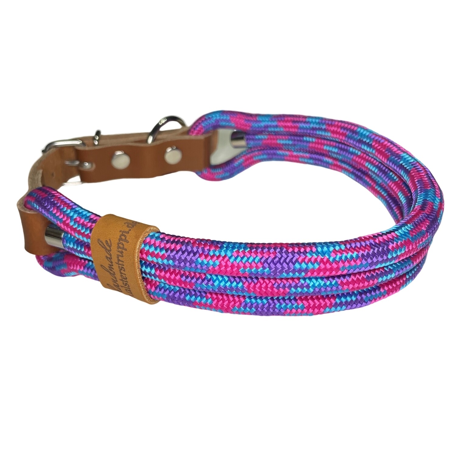 Halsband, dreifach, Farbe lila, pink, türkis, mit Leder und Schnalle ab 23 cm Halsumfang