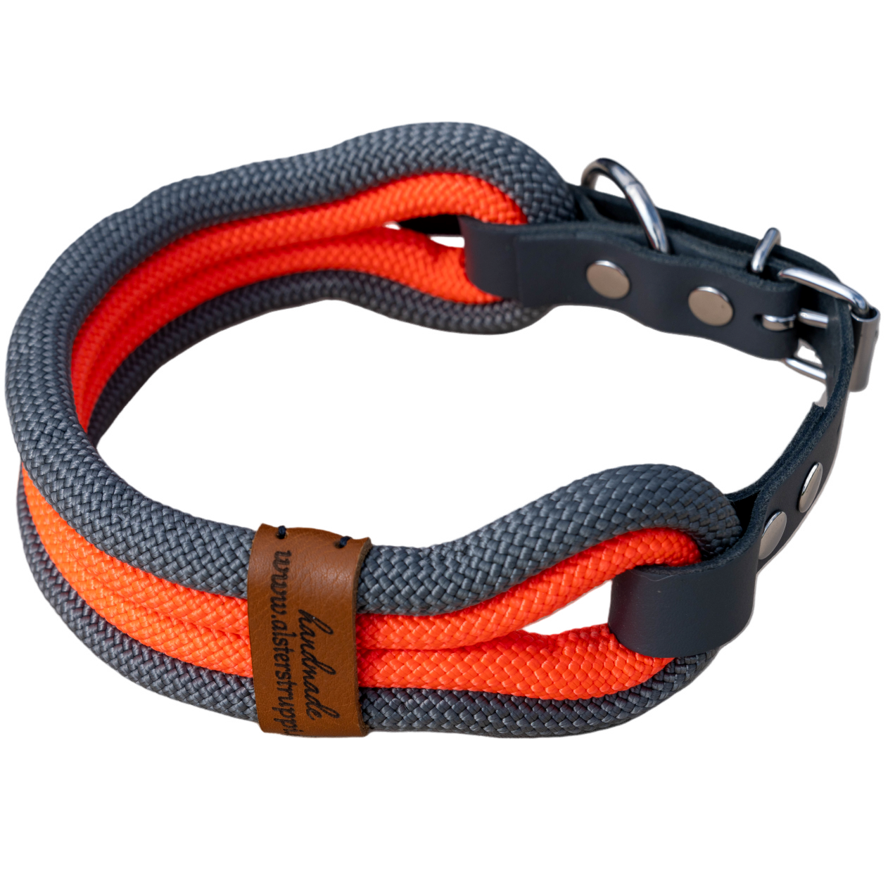 Halsband, vierfach, Farbe anthrazit, neonorange, mit Leder und Schnalle ab 35 cm Halsumfang