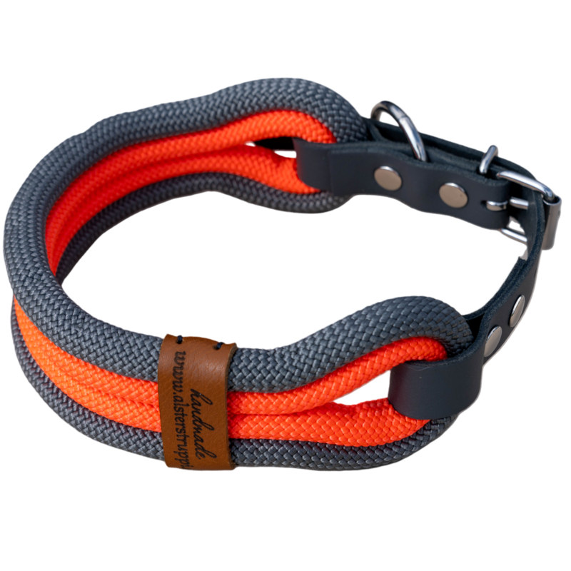 Halsband, vierfach, Farbe anthrazit, neonorange, mit Leder und Schnalle ab 35 cm Halsumfang