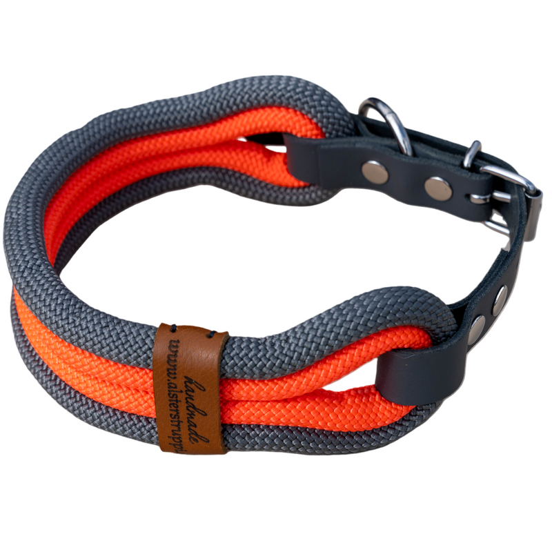 Halsband, vierfach, Farbe anthrazit, neonorange, mit Leder und Schnalle ab 35 cm Halsumfang