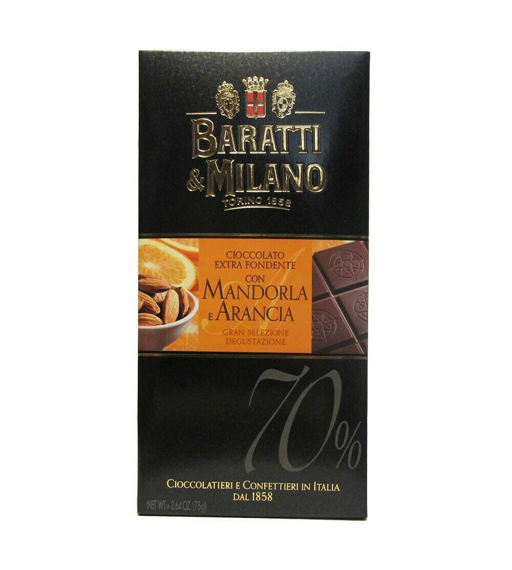 Tablette de chocolat noir extra orange et amande 75g Tablette de chocolat noir extra orange et amande 75g