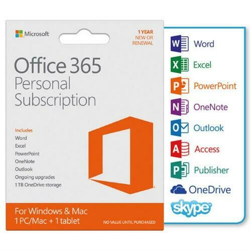 Microsoft Office 365 Personal Subscription– 1 User-1 year subscription, [1 PC/MAC + 1 Tablet, 1tb cloub back up] [Word,Excel,PowerPoint,OneNote,Outlook
