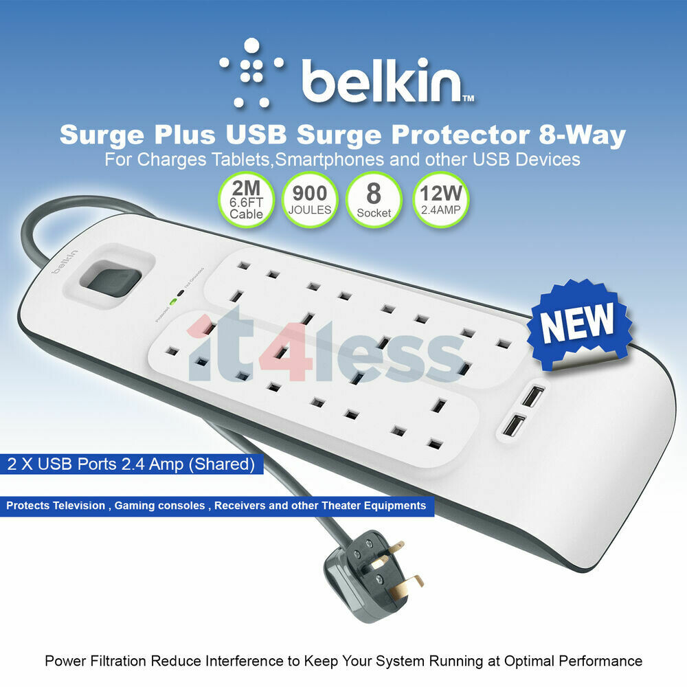 Belkin Powerstrip Blue (8 sockets + 2 USB PORTS)