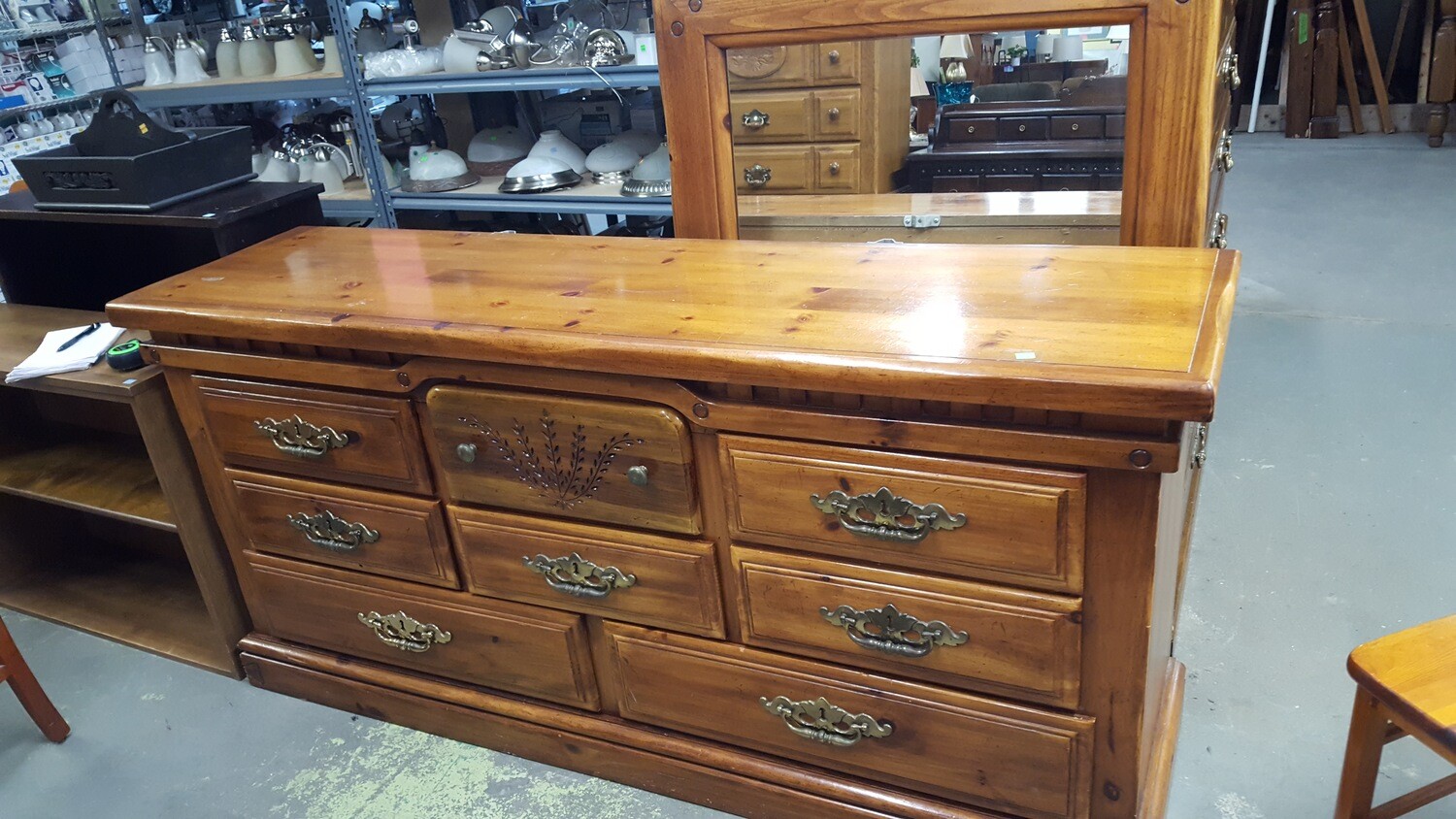 Pine Dresser 70&quot;, mirror, carved edges (G)