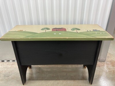 Small Pine Storage Bench - folk art seat with red house #2118
