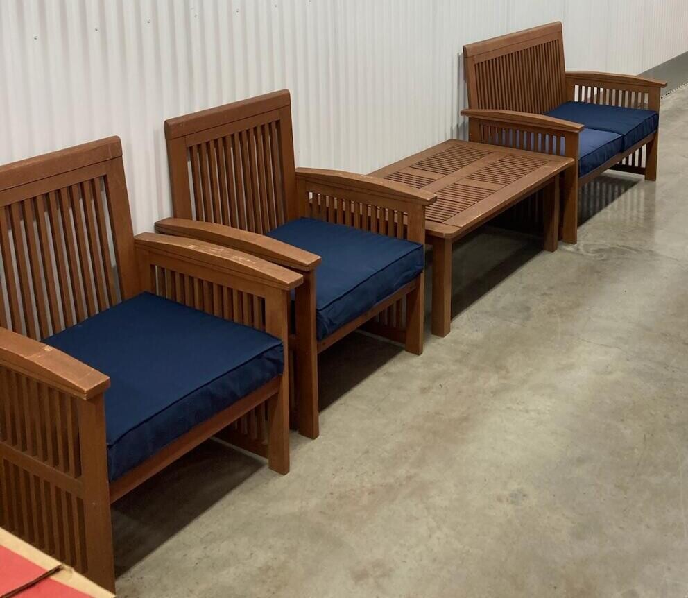 4-piece Wood Patio Set blue cushions #2114
