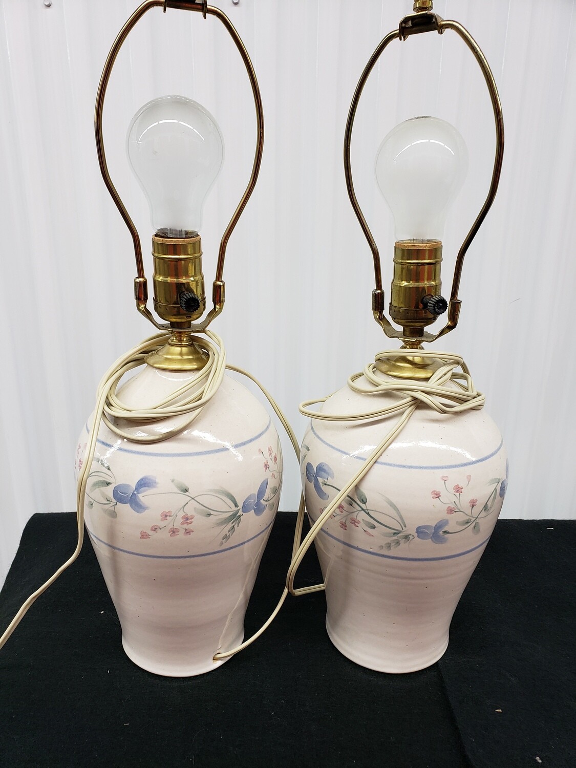 Lamps pink/blue flowers, no shades, PAIR #2314