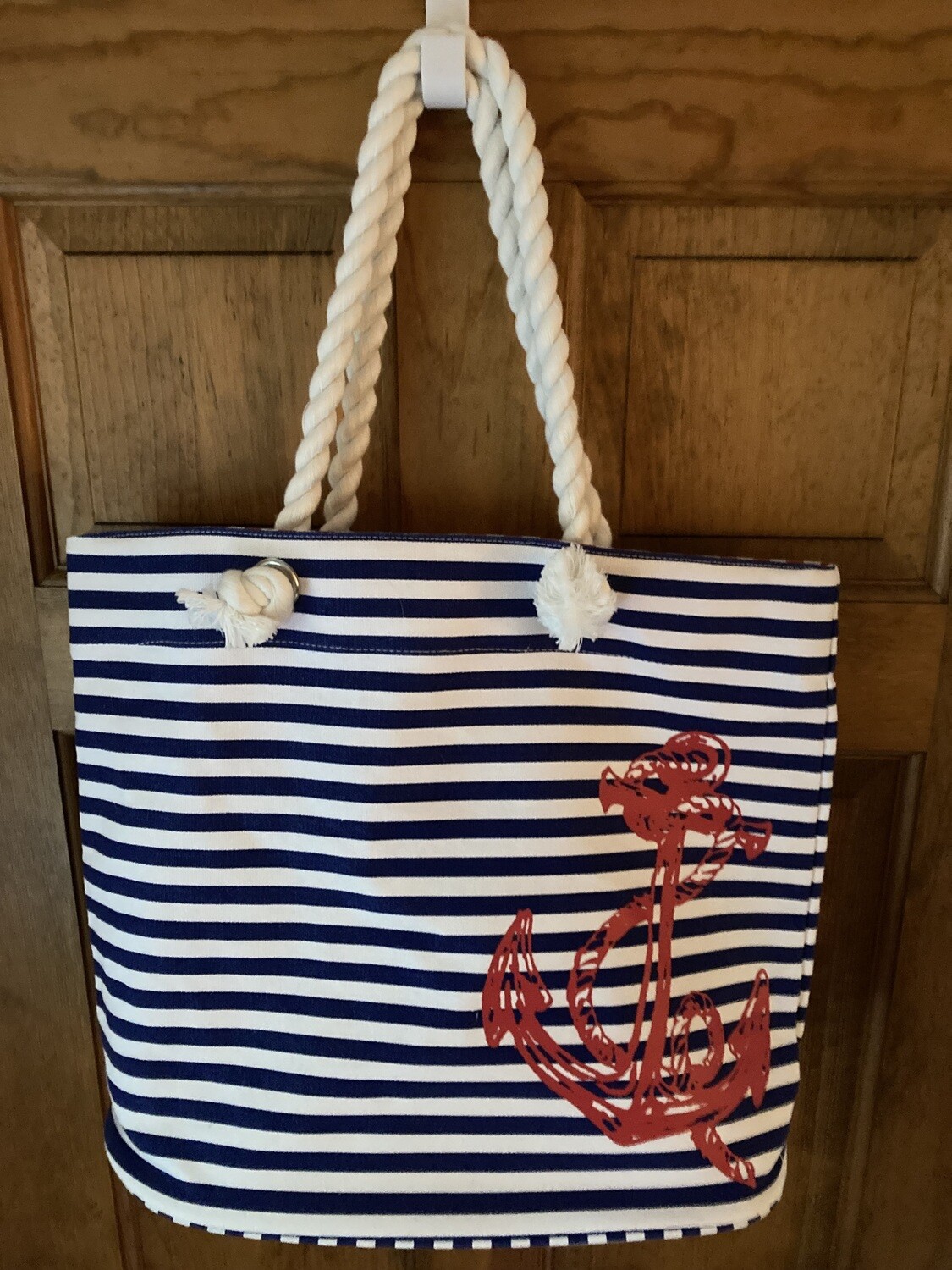 Punctuate Canvas Tote, Blue/White stripe w/ red anchor, #2314
