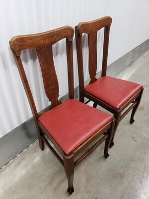 2 Antique Oak Chairs w/ Red Vinyl Seats #2213