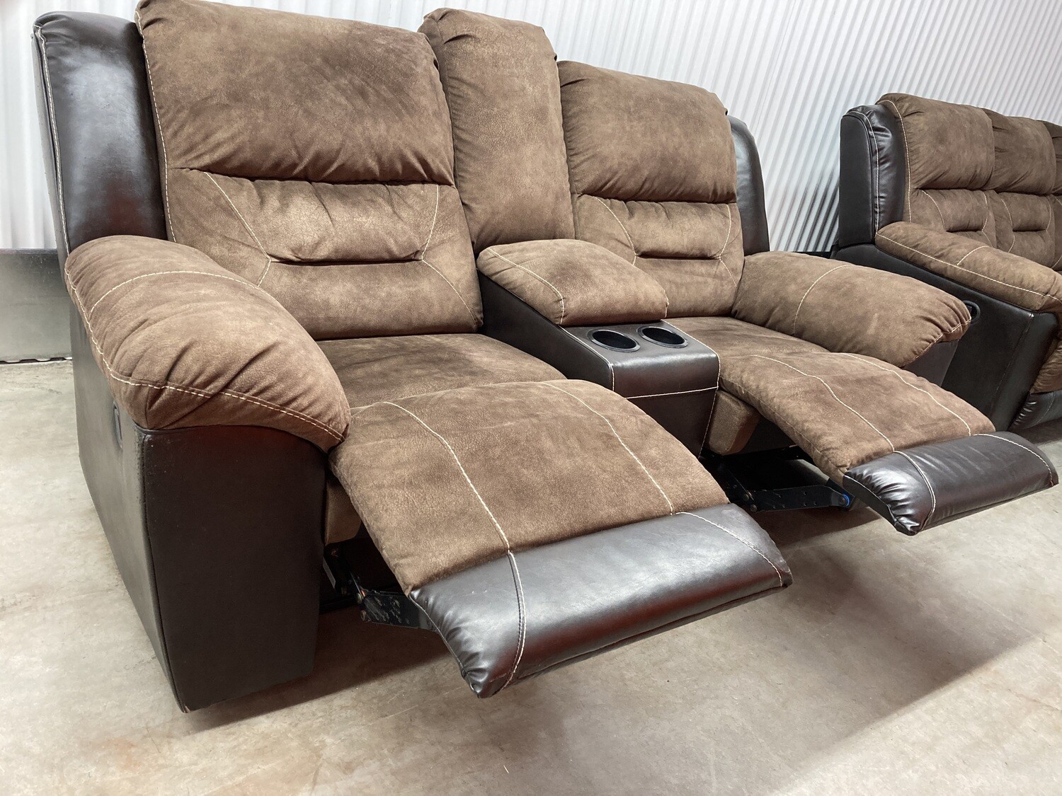 Wall-hugger Reclining Loveseat, brown fabric & faux leather #1337