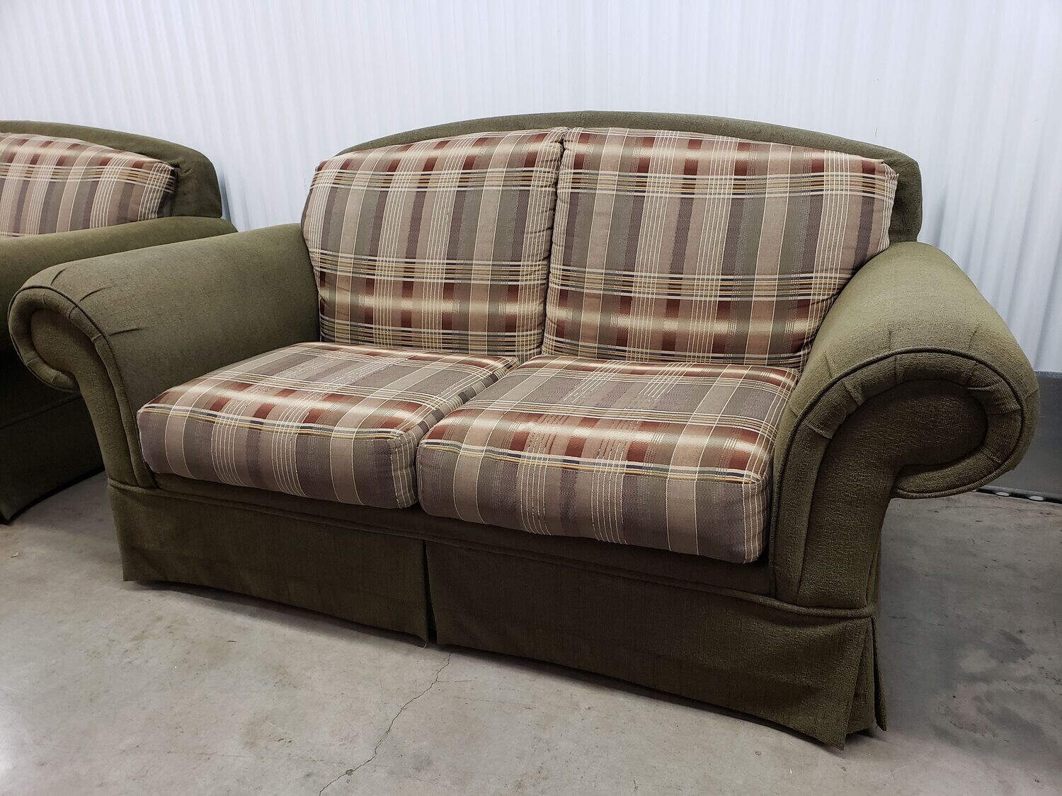 Sage Green Loveseat, plaid seats #2199 - TO FAMILY 2/15/23