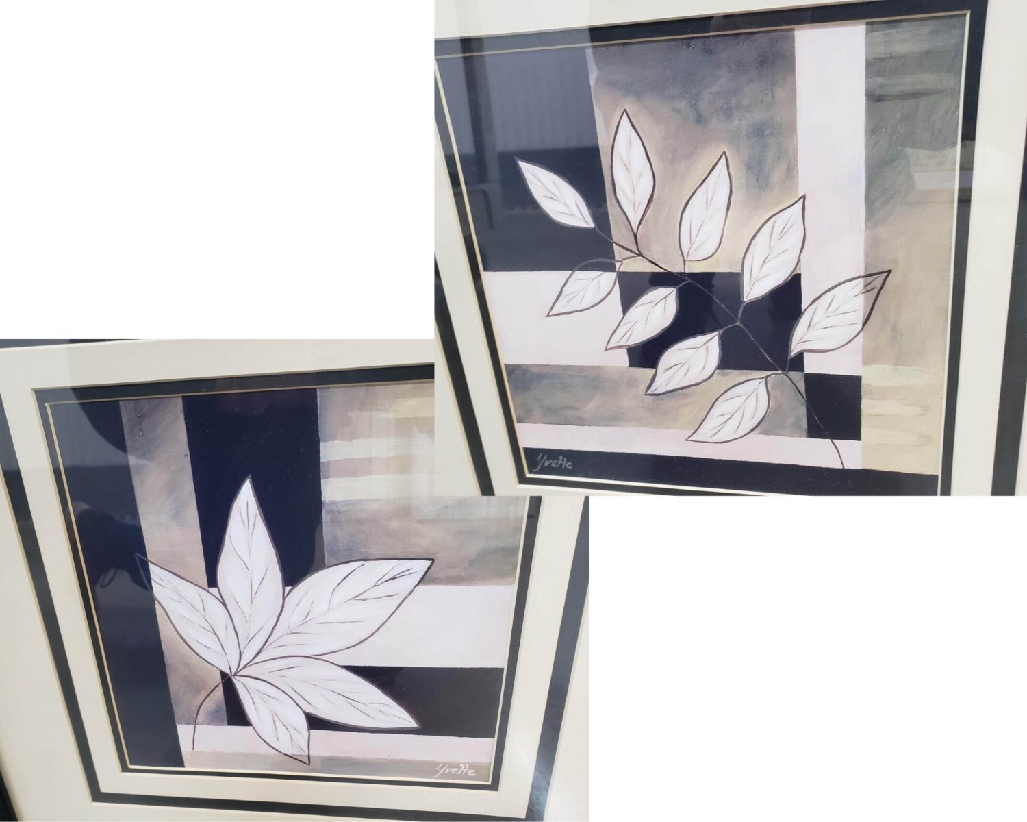 Set of 2 Framed Art: White leaves against geometrics #2314