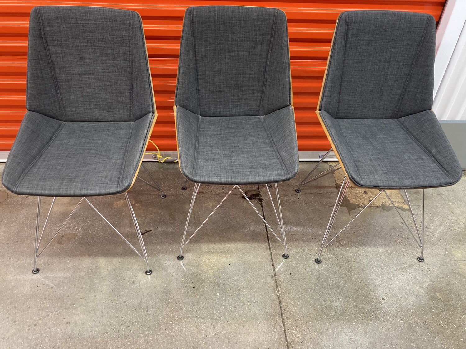 (3) MCM-style Gray Chairs w/walnut wood backs, excellent condition! #1115