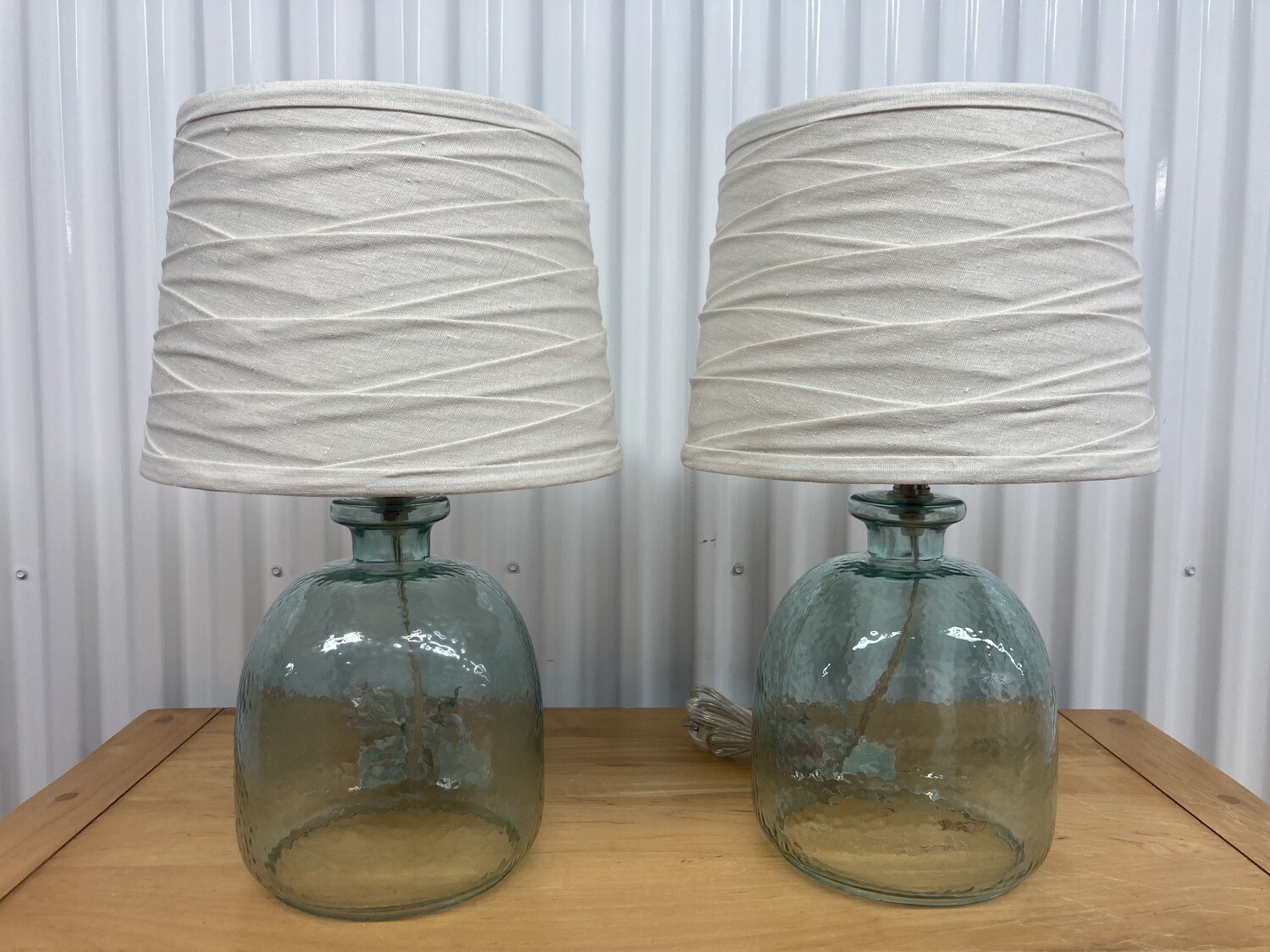 Pair of Ocean Blue Hammered Glass Table Lamps #2213
