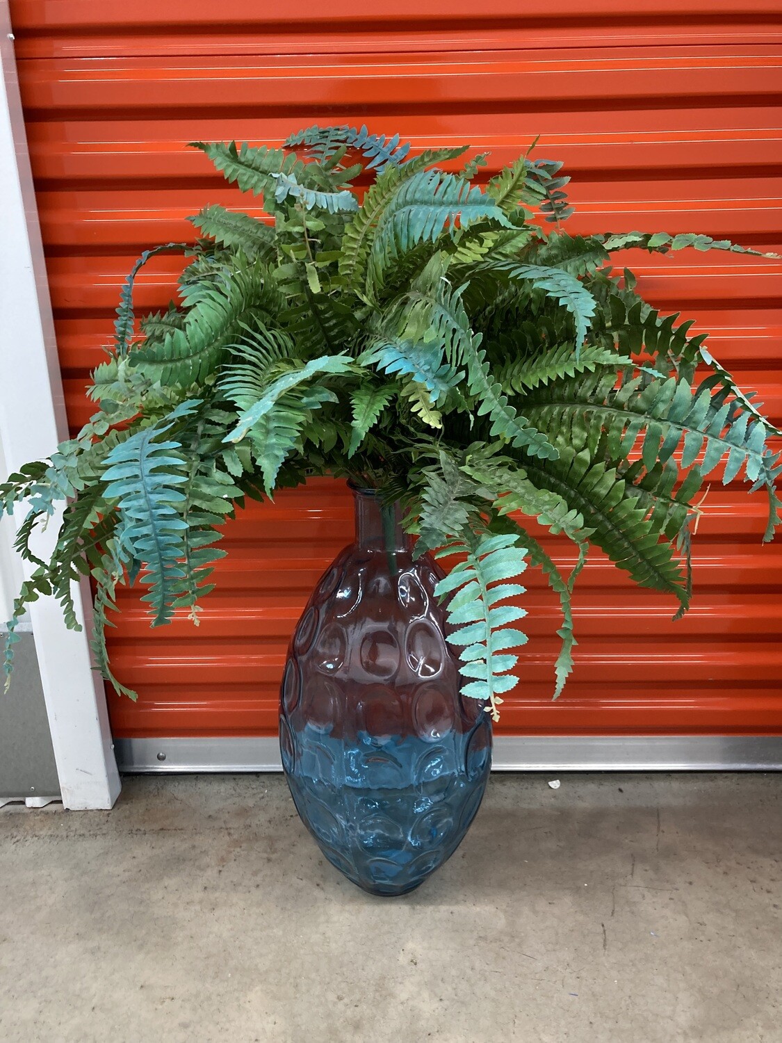 Ocean Blue Glass Vase with artificial fern #2314