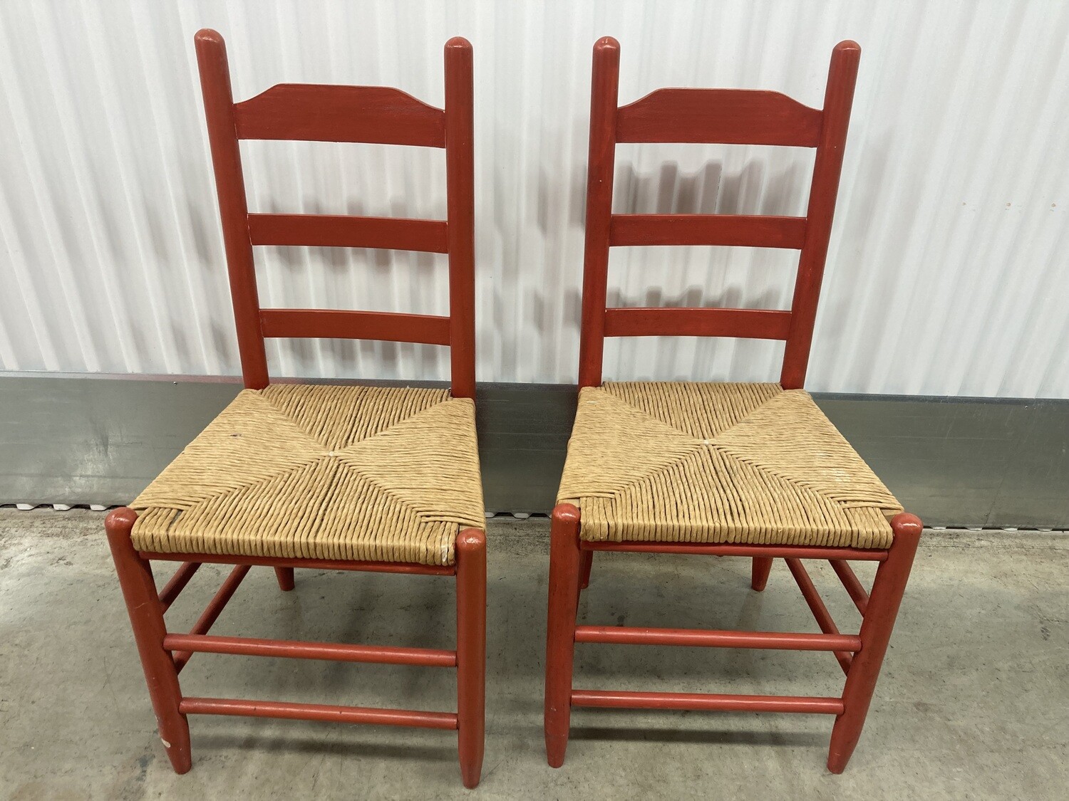 Pair of Ladderback Chairs, orange-red #2213 ** moved to family 11/7/23, listed for 8 mos.