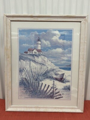 Framed Art: Lighthouse Scene, whitewash frame #2009