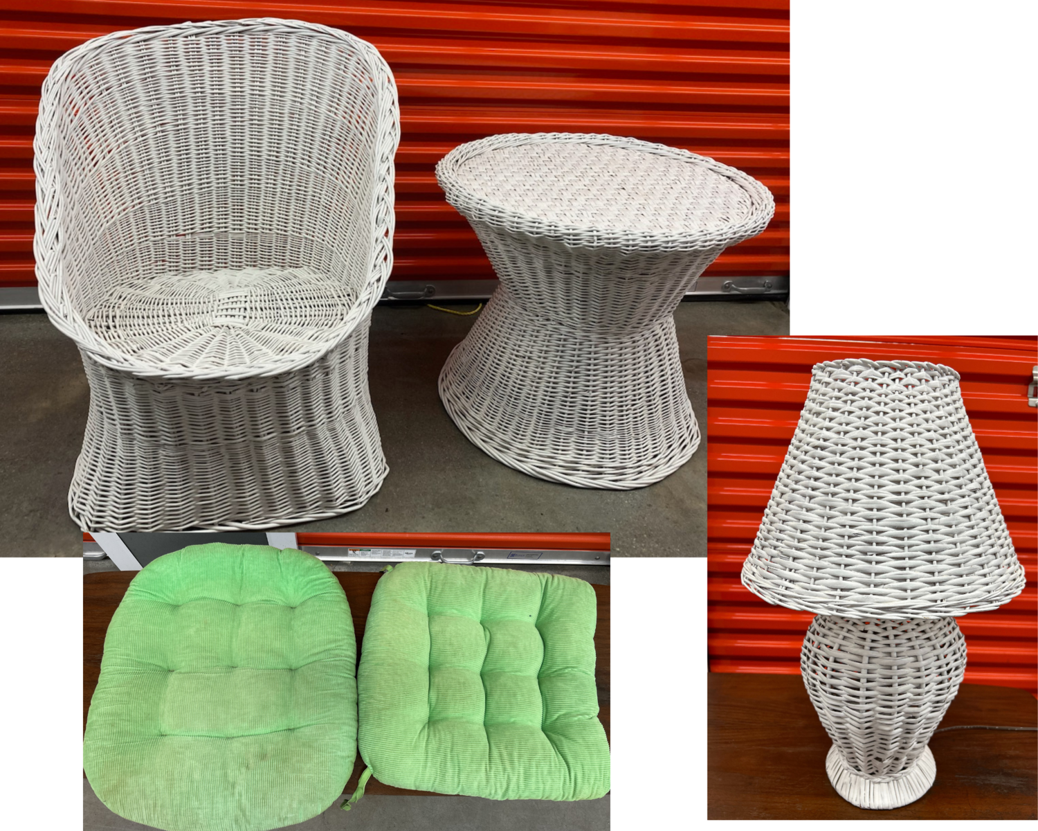 White Wicker Set: Chair, table, lamp #1048